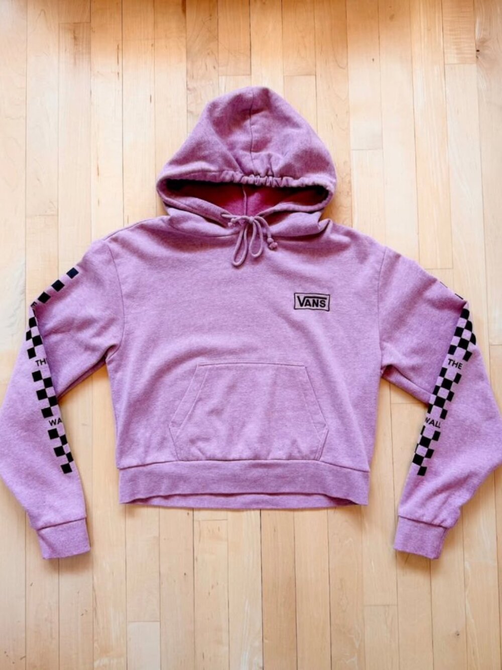 Vans Pastel Pink with Black Checkerboard Design Cropped Pullover Hoodie (Size XS